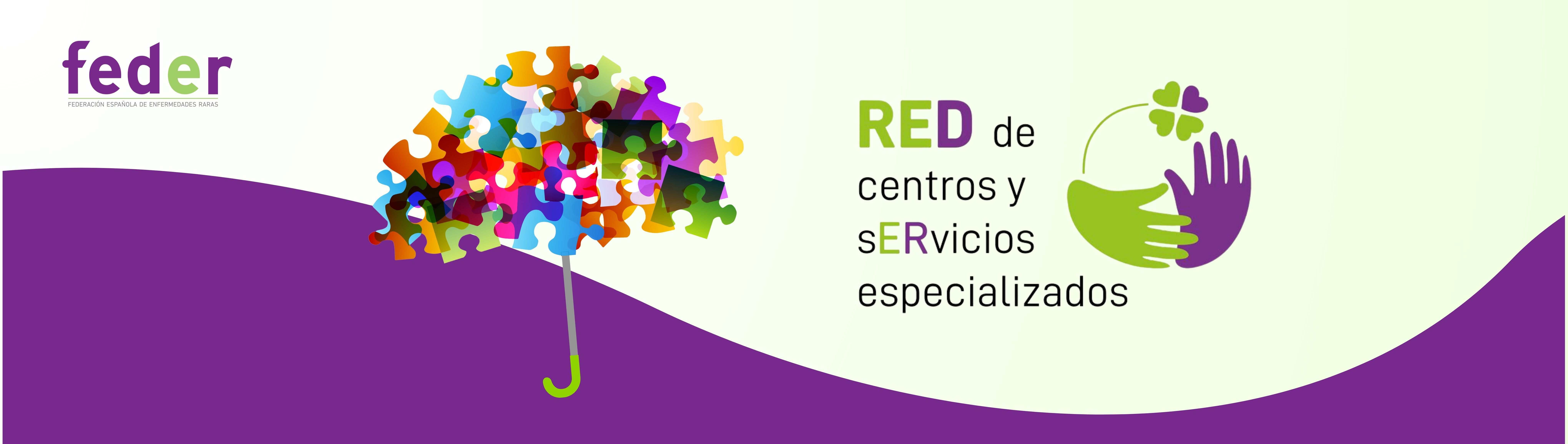 Imagen creativa de la Red de Centros y Servicios Especializados donde aparece el logo de FEDER, un paraguas formado por piezas de puzle y dos manos ayudándose.