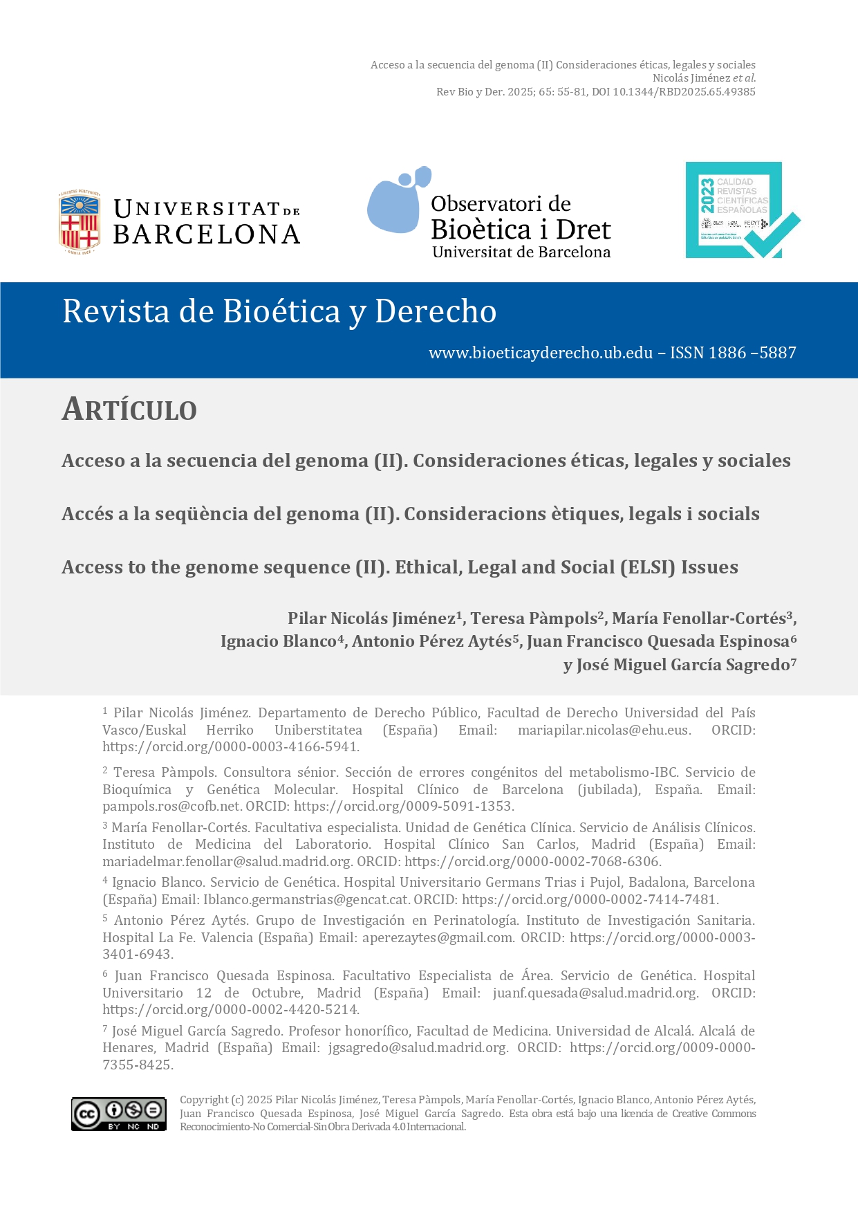 Portada Acceso a la secuencia del genoma (II). Consideraciones éticas, legales y sociales