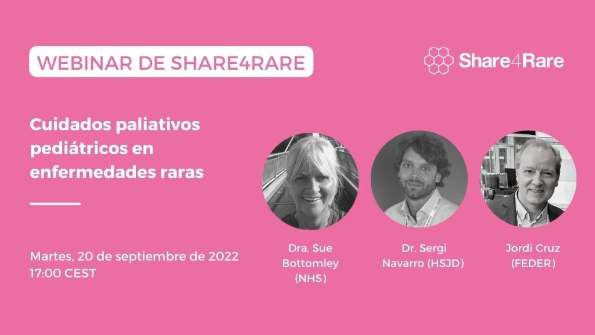 Sobre fondo rosa, aparecen de izquierda a derecha las fotografías de la Doctora Sue Bottomley, del doctor Sergi Navarro y de Jordi Cruz, en representación de FEDER