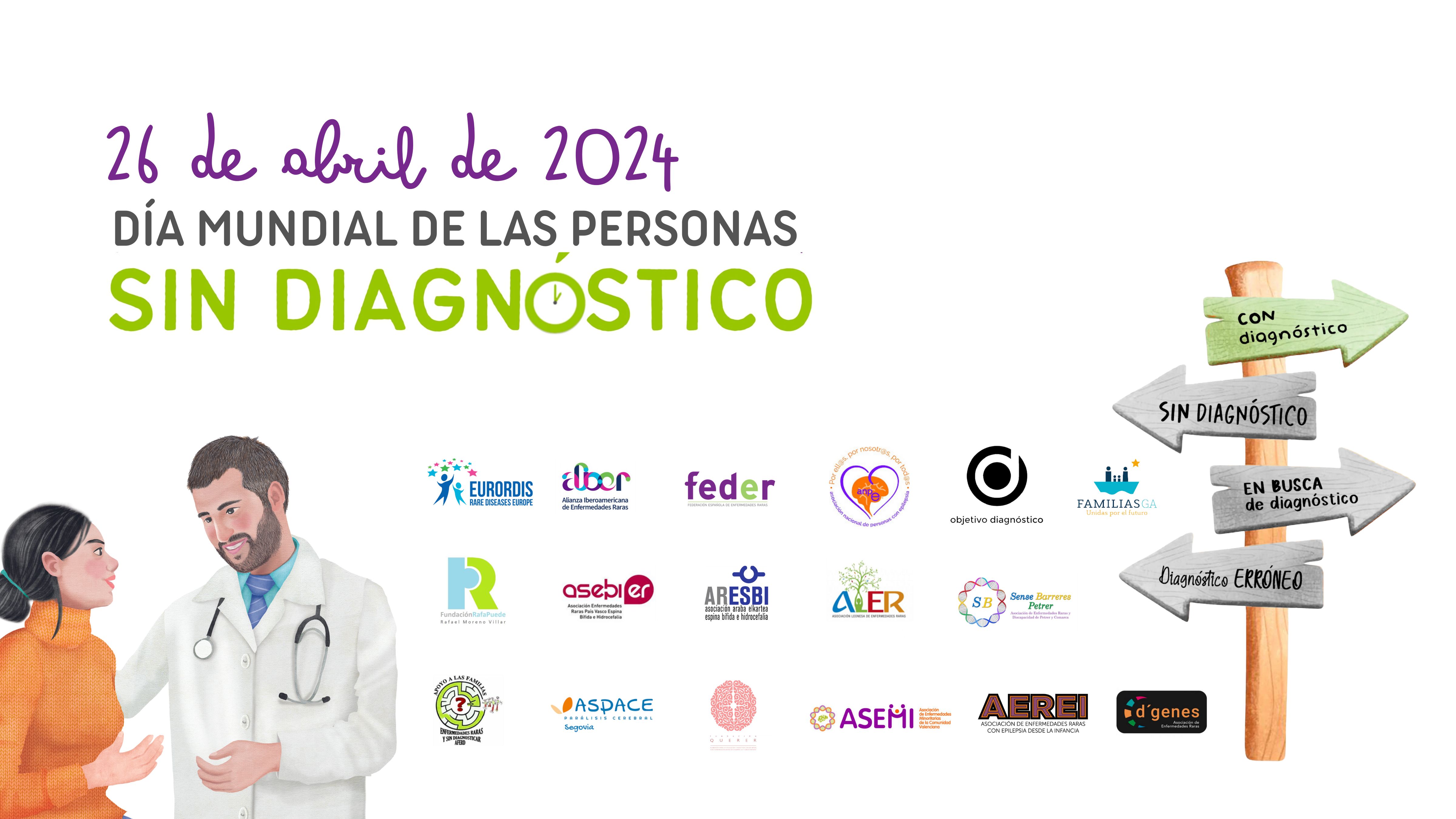 Cartel del Día Mundial de Personas Sin Diagnóstico (que aparece arriba del todo) en el que aparecen los logos de 13 entidades junto a un poste con diferentes direcciones: un en verde con destino al diagnóstico y el resto en grises con las frases: sin diagnóstico, en busca de diagnóstico, diagnóstico erróneo).