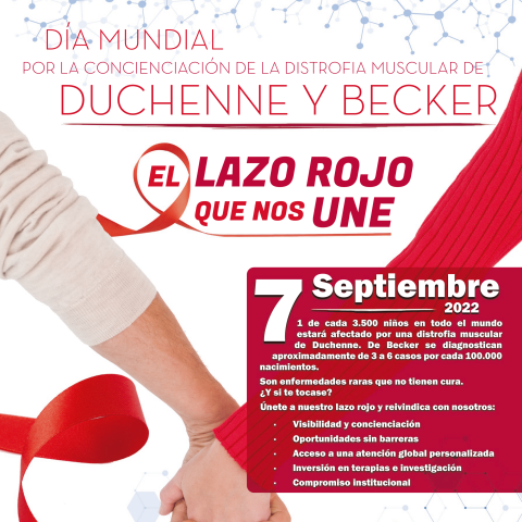 Cartel promocional con lazo rojo y un apretón de manos