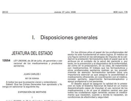 Ley 29/2006 de 26 de julio de garantías y uso racional de los medicamentos y productos sanitarios