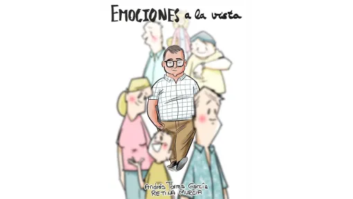 PORTADA DEL LIBRO EMOCIONES A LA VISTA: Aparece el título en la parte superior y una ilustración en la que destaca la figura del propio Andrés Torres caminando con personas alrededor que se ven con una menor intensidad, transmitiendo una sensación de aislamiento que sufren las personas con dificultades visuales mientras caminan, sin poder reconocer el rostro de los peatones.