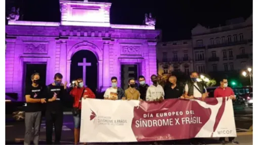 Asistentes al evento de hace unos años con la pancarta de la asociación y los edificios con luces rosas