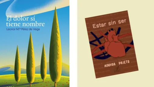 Portadas de los dos libros. Un campo con cipreses en el dolor si tiene nombre y un corazón sobre fondo marrón en estar sin se