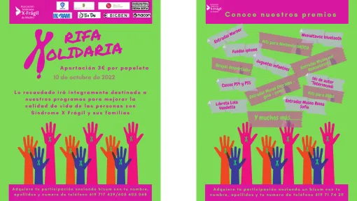Cartel en color verde de la Rifa Xolidaria donde se explican también algunos de los premios