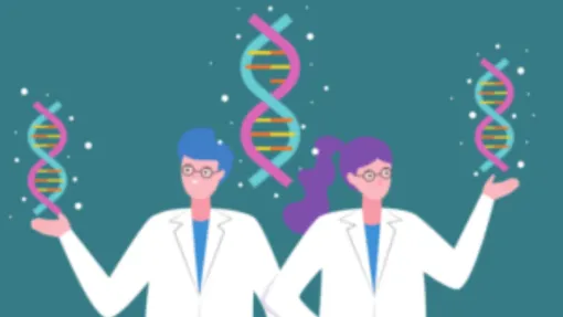 Dos científicos dibujados sobre un fondo azul