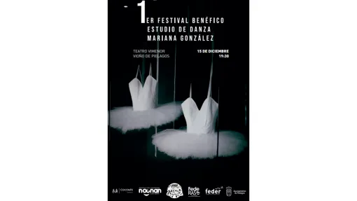 Cartel promocional del festival benéfico, en la imagen dos vestidos de bailarina de color blanco sobre fondo negro