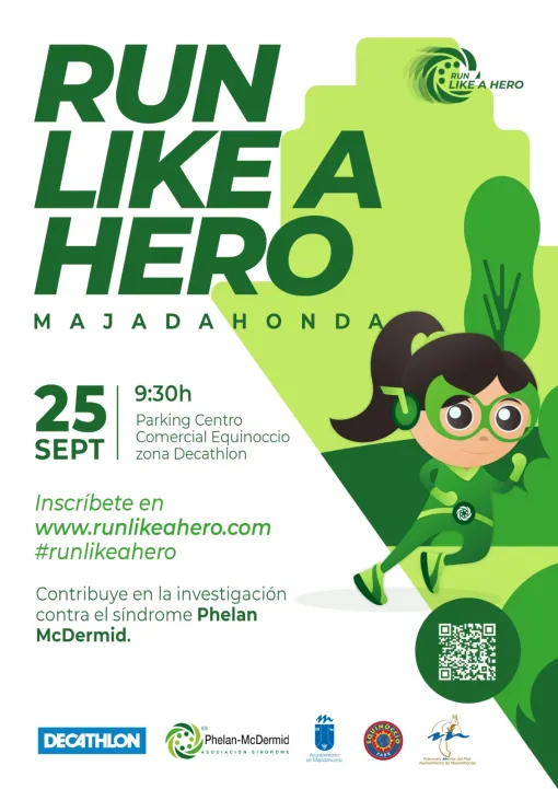 Cartel promocional, mujer vestida de superheroína con un traje verde