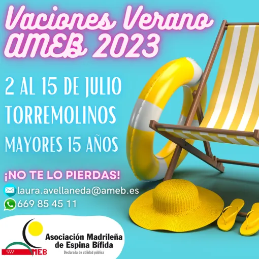Invitación al viaje: diseño azul con fotografía de silla de playa, sombrero de paja y chanclas de color amarillo. Misma información que la noticia.