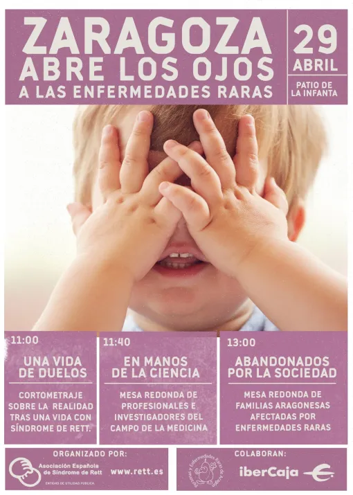 Cartel de la iniciativa en color malva. Fotografía de un niño tapándose los ojos.