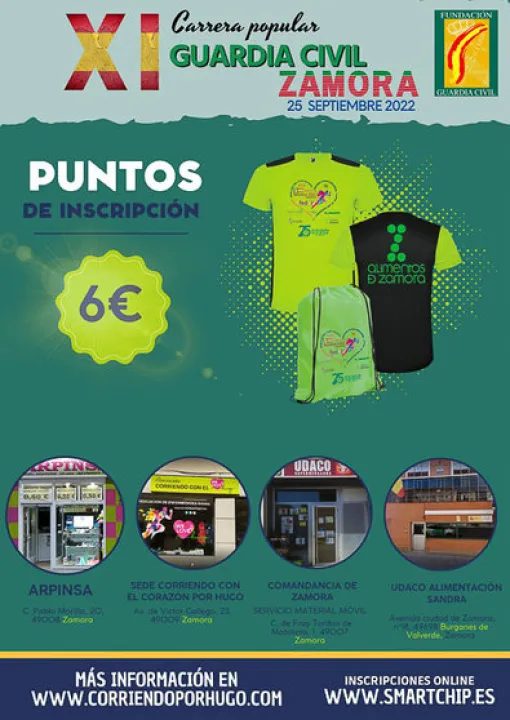 Cartel: sobre fondo verde, aparecen las camisetas oficiales de la carrera y los establecimientos en los que está abierta la inscripción para quien quiera participar: sede ARPINSA, sede Corriendo con el corazón por Hugo, Comandancia de Zamora y UDACO Alimentación Sandra