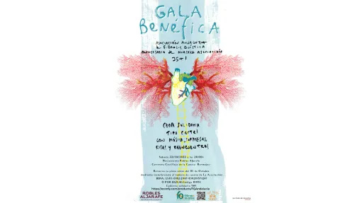Cartel de la Gala Benéfica: aparece un corazón dibujado con acuarela y alveolos pulmonares