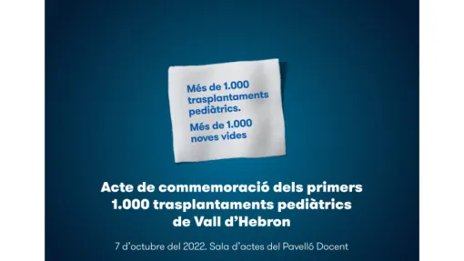 Cartel del evento sobre fondo azul donde se lee en catalán, 1000 trasplantes 1000 nuevas vidas