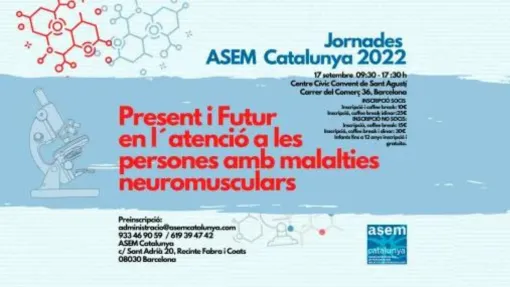 Cartel de color azul con letras en rojo: Present i Futur en l'atenció a les persones amb malalties neuromusculars