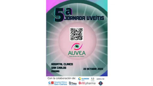 Cartel oficial con un fondo azul y rosa sobre el que hay una pupila