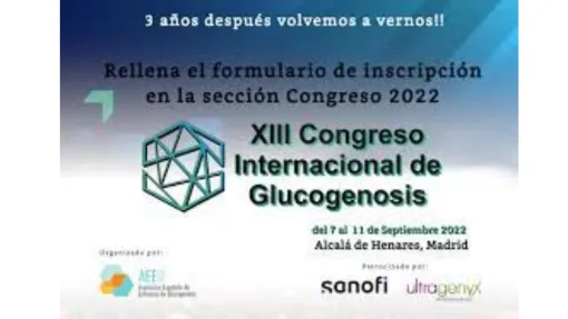 Sobre fondo azul en degradado a blanco, aparece el logo del Congreso de glucogenosis