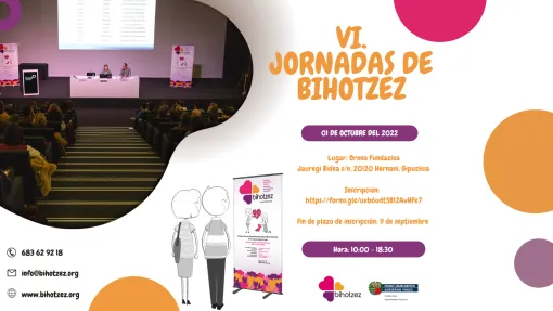 Cartel informativo en color naranja, morado y magenta. Aparece la imagen de una ponencia en un auditorio.