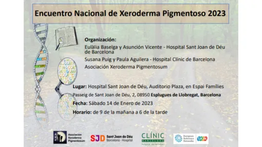 Cartel informativo sobre el Encuentro Nacional de Xeroderma Pigmentoso 2023 en Barcelona