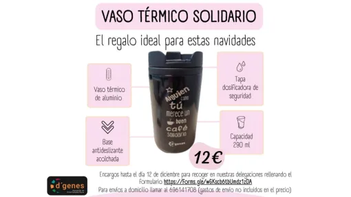 Imagen del vaso térmico de aluminio de color negro con el mensaje “Alguien como tú se merece un café solidario” impreso.