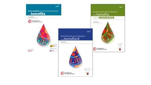 Imagen en la que aparecen las tres portadas de las guias españolas para el manejo de pacientes con hemofilia