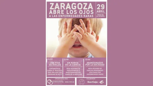 Cartel de la iniciativa en color malva. Fotografía de un niño tapándose los ojos.