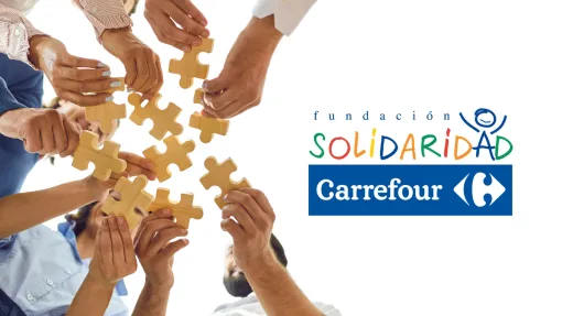 Fotografía de personas en círculo sosteniendo piezas de puzzle. Logo de Fundación Solidaridad Carrefour.