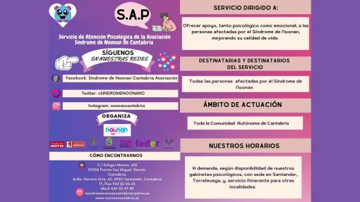 Folleto de asociación síndrome de noonan cantabria sobre sus servicios de atención psicológica. Misma información que en la noticia.