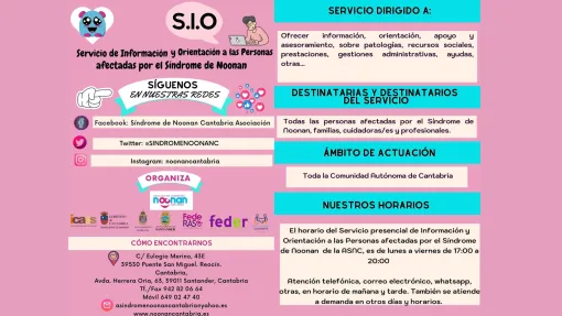 Folleto de asociación síndrome de noonan cantabria sobre sus servicios de información y orientación. Misma información que en la noticia.
