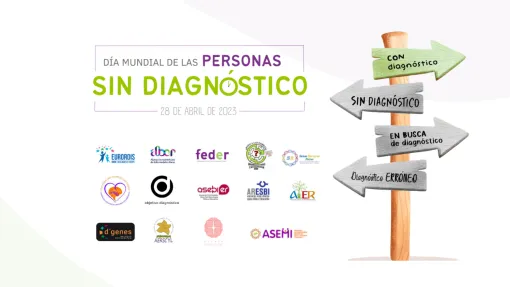 Cartel del Día Mundial de Personas Sin Diagnóstico (que aparece arriba del todo) en el que aparecen los logos de 13 entidades junto a un poste con diferentes direcciones: un en verde con destino al diagnóstico y el resto en grises con las frases: sin diagnóstico, en busca de diagnóstico, diagnóstico erróneo.