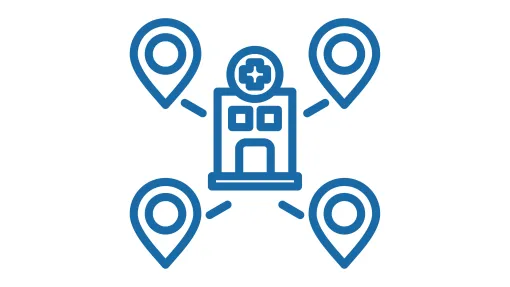 Imagen de recurso que ilustra un hospital conectado con otras cuatro ubicaciones.