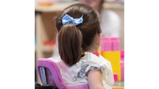 Fotografía de recurso de una niña en una silla de ruedas de espaldas.