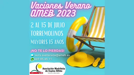 Invitación al viaje: diseño azul con fotografía de silla de playa, sombrero de paja y chanclas de color amarillo. Misma información que la noticia.
