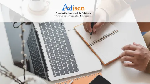Manos de una persona escribiendo en un ordenador portátil, superpuesto el logo de Adisenh