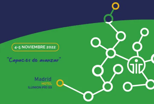 Cartel recortado del Congreso verde y azul en el que aparece el lema, la fecha y el lugar.